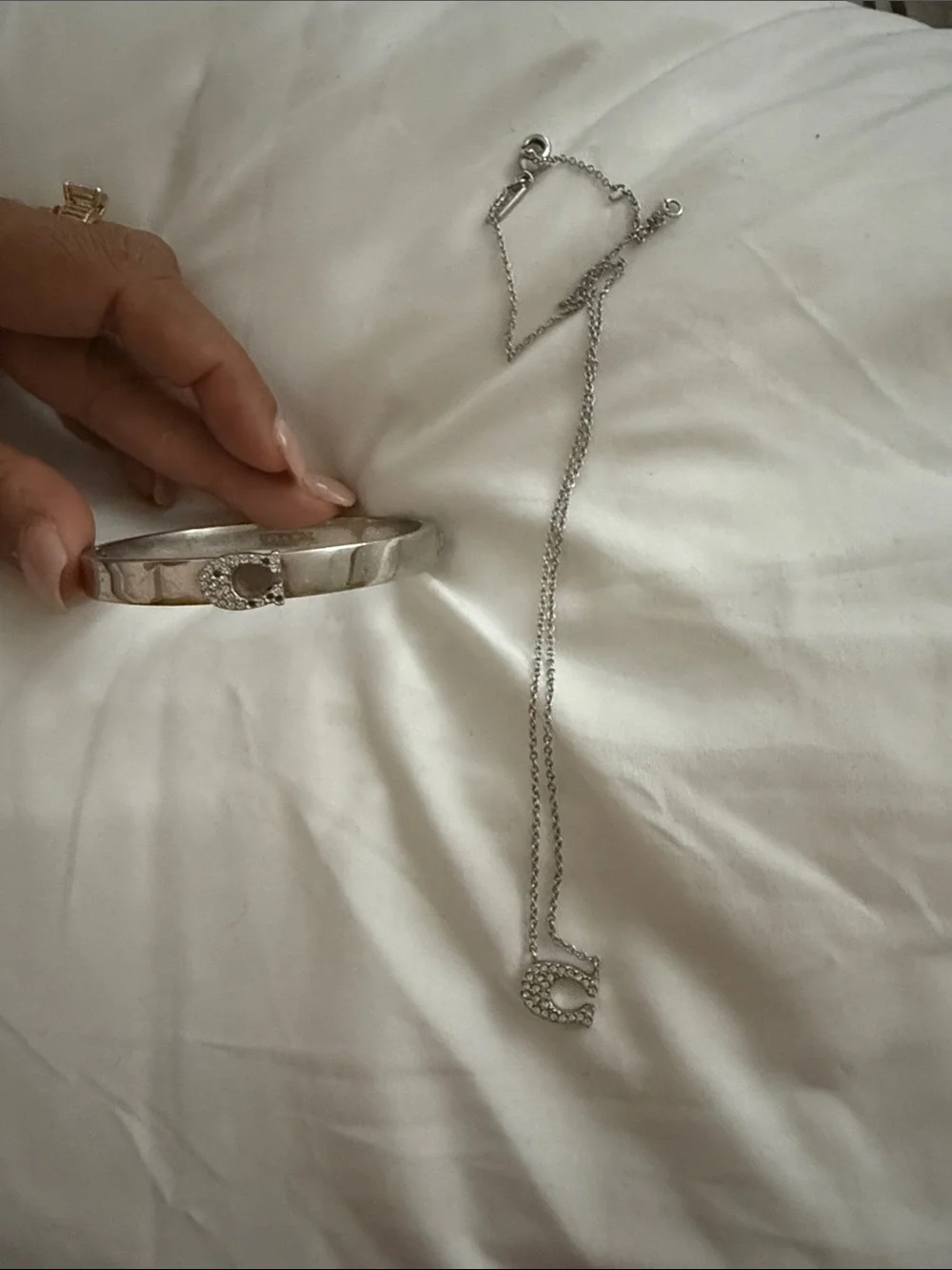 Coach Silver Crystal-Embellished Bracelet and Necklace‎ Set